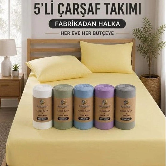 3 Çift Kişilik + 2 Tek Kişilik Lastikli Çarşaf ve Yastık Kılıfı Set pamset