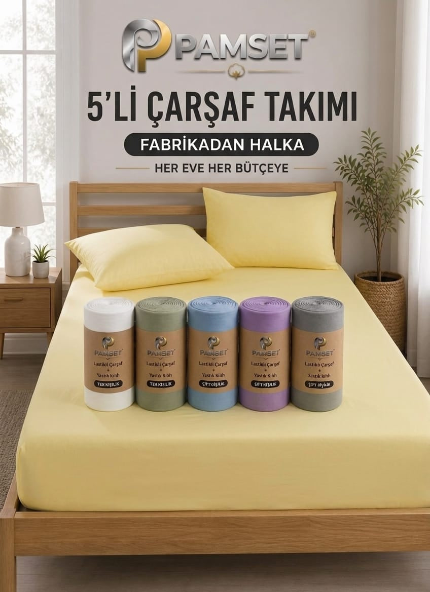 3 Çift Kişilik + 2 Tek Kişilik Lastikli Çarşaf ve Yastık Kılıfı Set